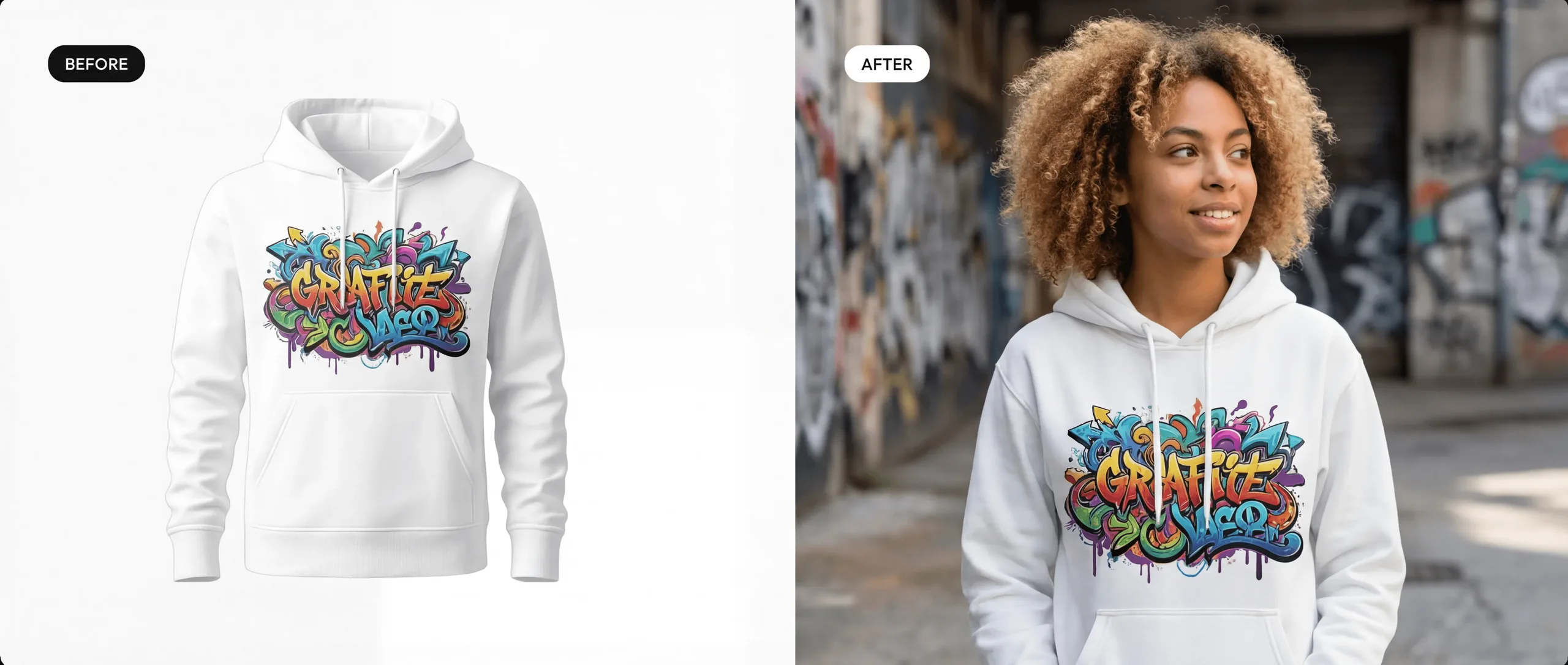 graffiti white hoodie before & after with a mixed race model in a street style photoshoot