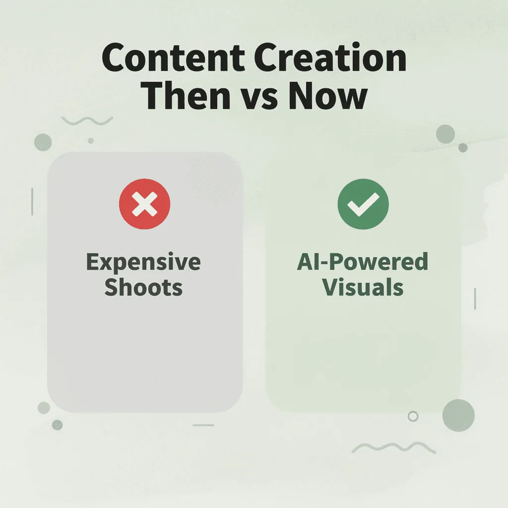 Before and after infographic comparing traditional expensive photoshoots to AI-powered visual creation