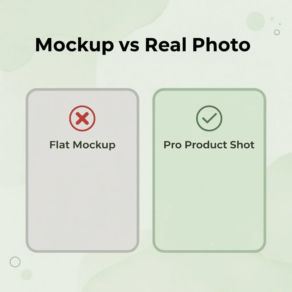 Before and after comparison of flat mockup versus professional product photo