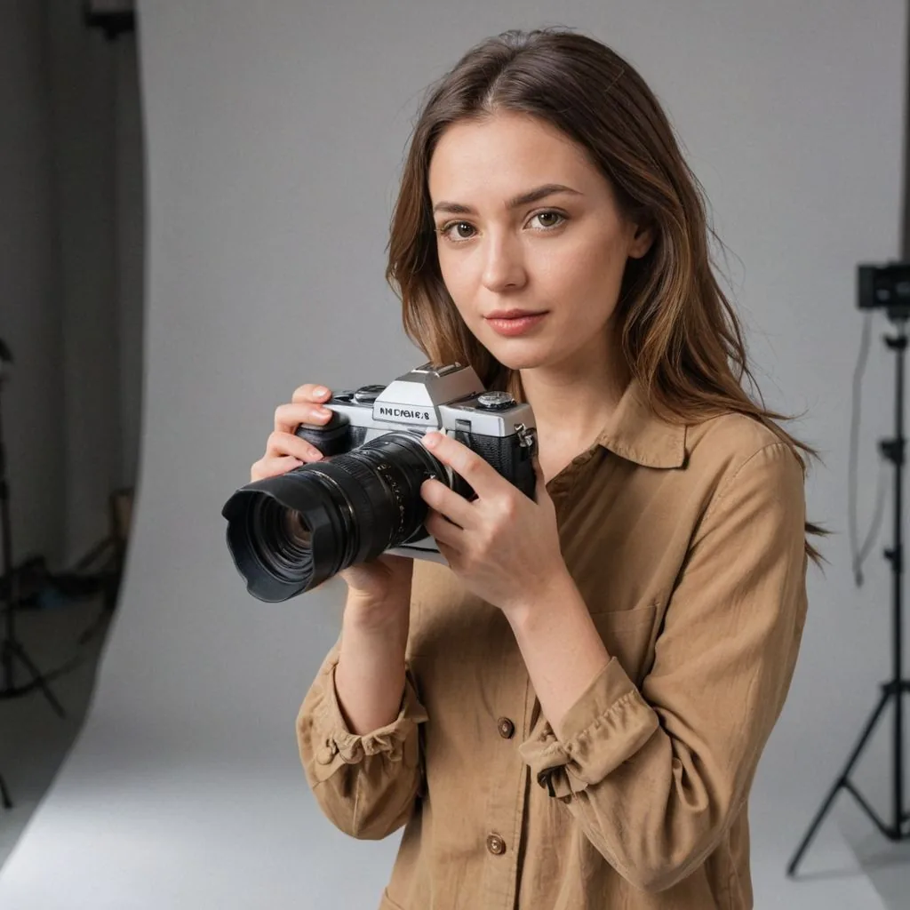 women in a studio holding a camera to take a photo