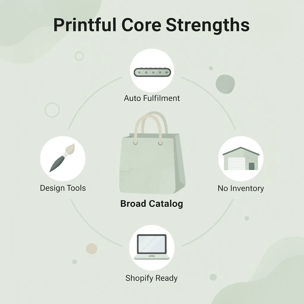 Hub and spoke infographic showing Printful at the center surrounded by its five core strengths