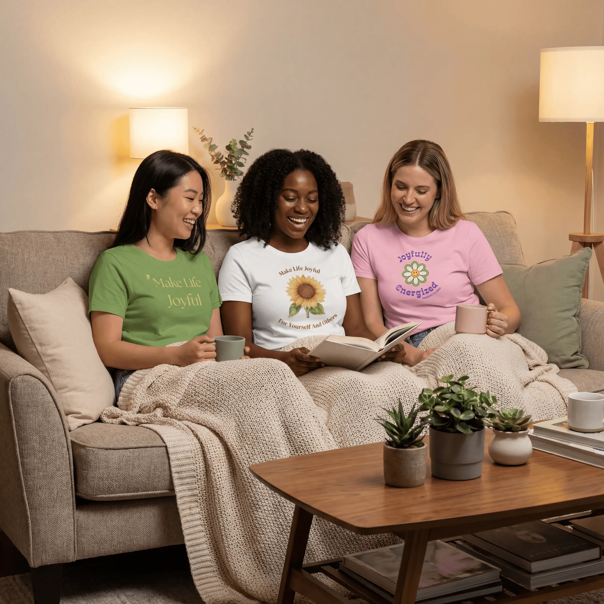 3 woman wearing 3 different tshirts, one blonde woman, one black woman and one asian woman sat on a sofa in a modern living room