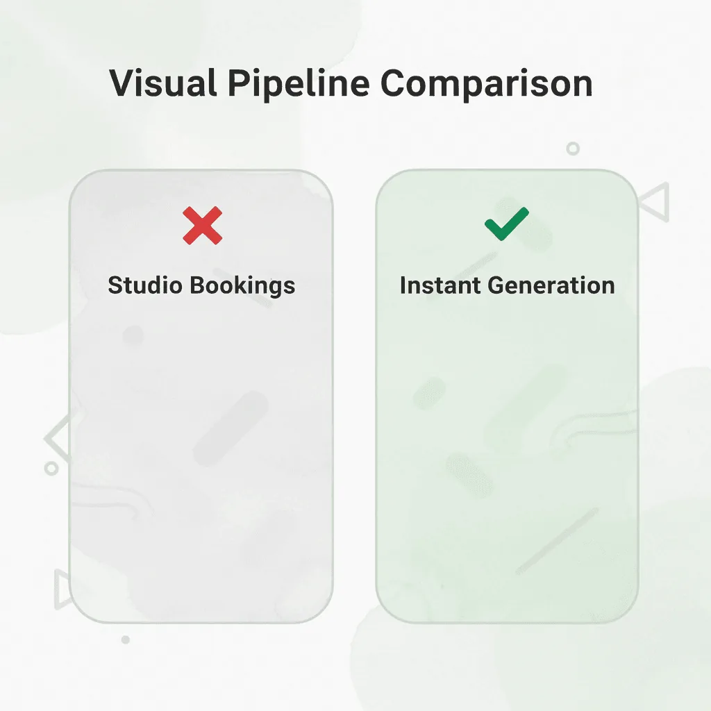Before and after infographic comparing slow studio-based production to instant AI image generation
