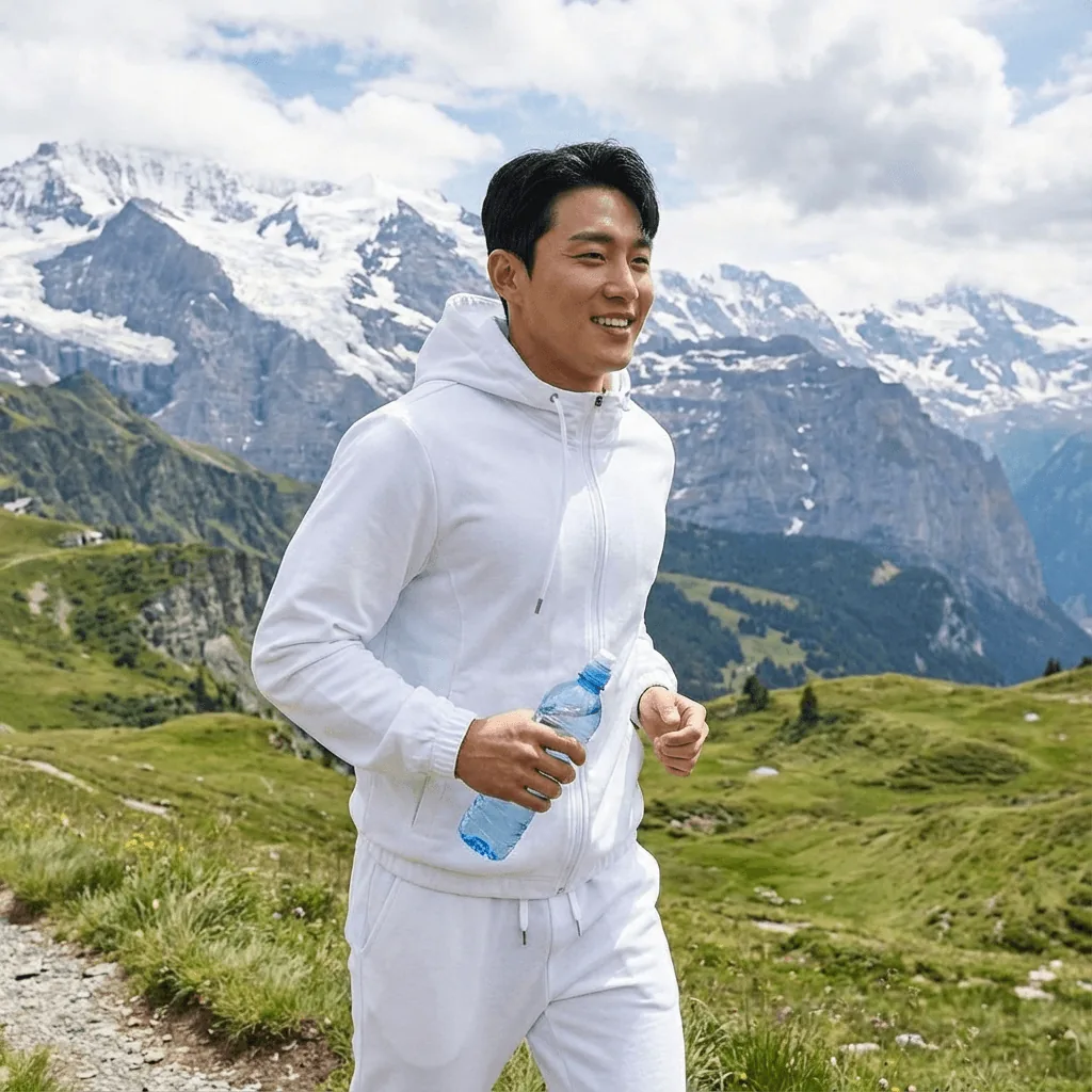 east asian model running through the scenic hills holding a blue water bottle with rainbow in the background
