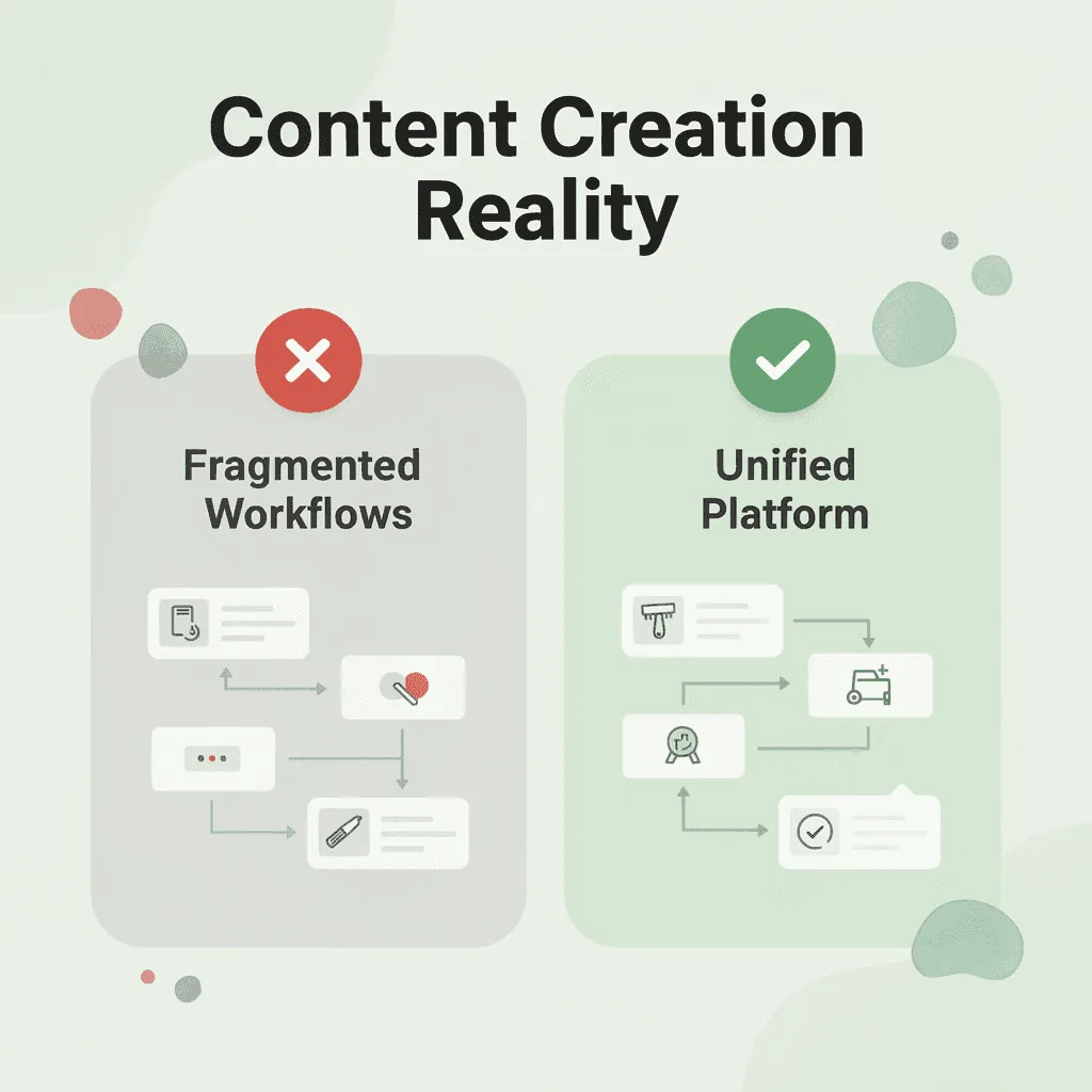 Before and after infographic showing fragmented workflows versus a unified platform