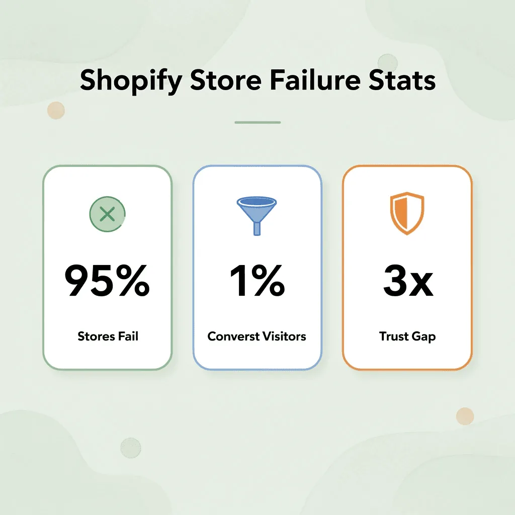 Infographic showing key Shopify store failure statistics