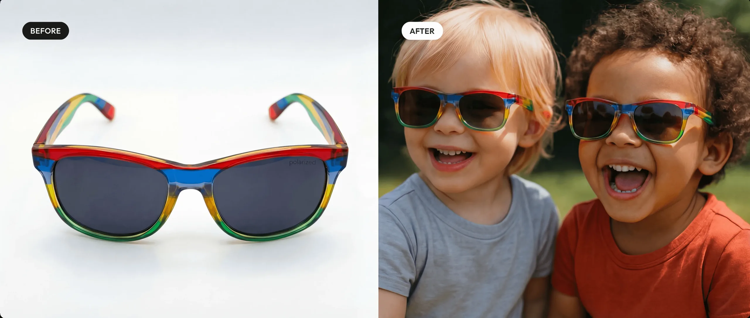 colourful kids sunglasses before & after with one blonde and one mixed race boys that are 6 wearing them and smiling