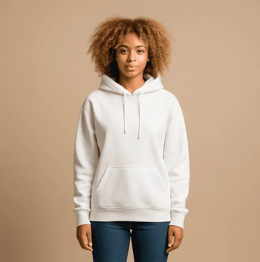 Model wearing a plain white hoodie and jeans in a beige studio - AI fashion photography made with Caspa AI