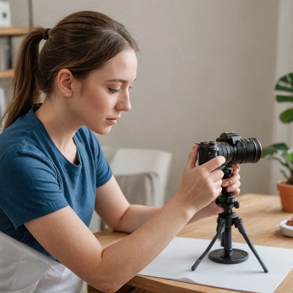 woman taking a photo on a camera on her desk
