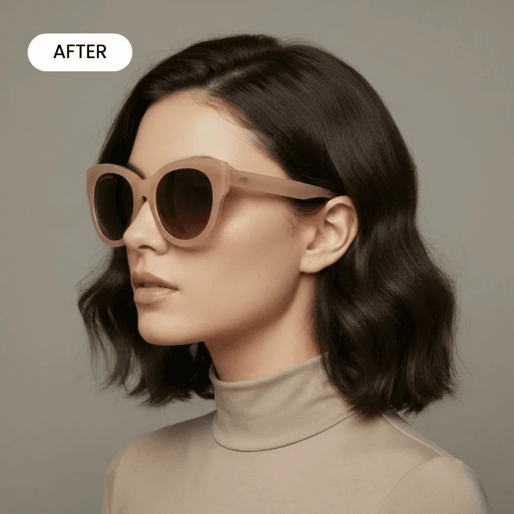 brunette woman with short hair wearing brown glasses in a professional studio looking to her left