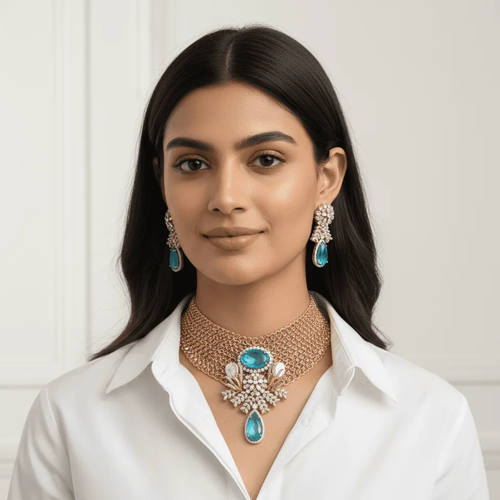 woman wearing jewellery set and a white shirt