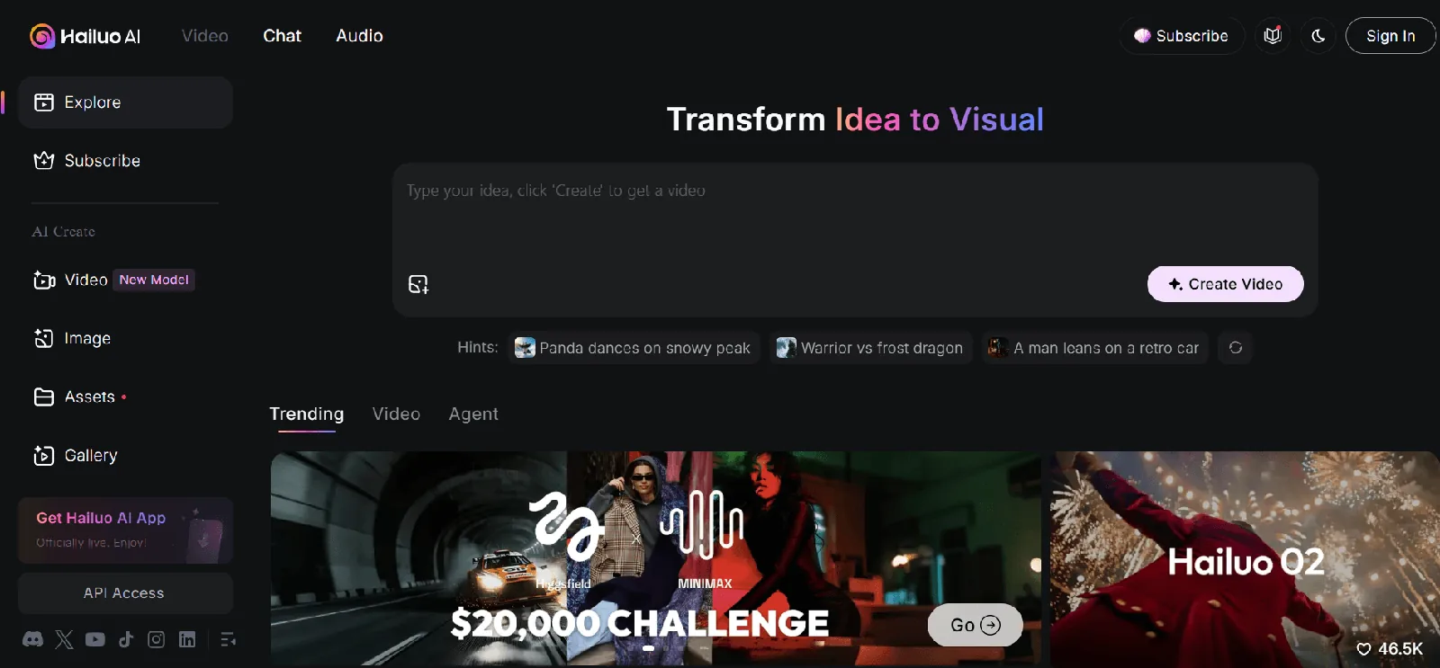 Screenshot of the Hailuo AI homepage, an AI video generator