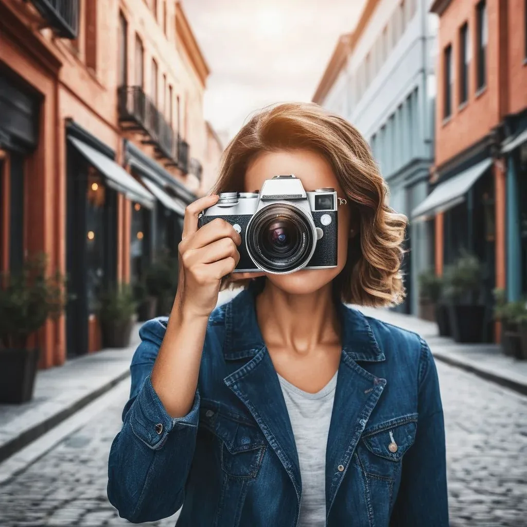women taking a photo in the street with the sunset behind her