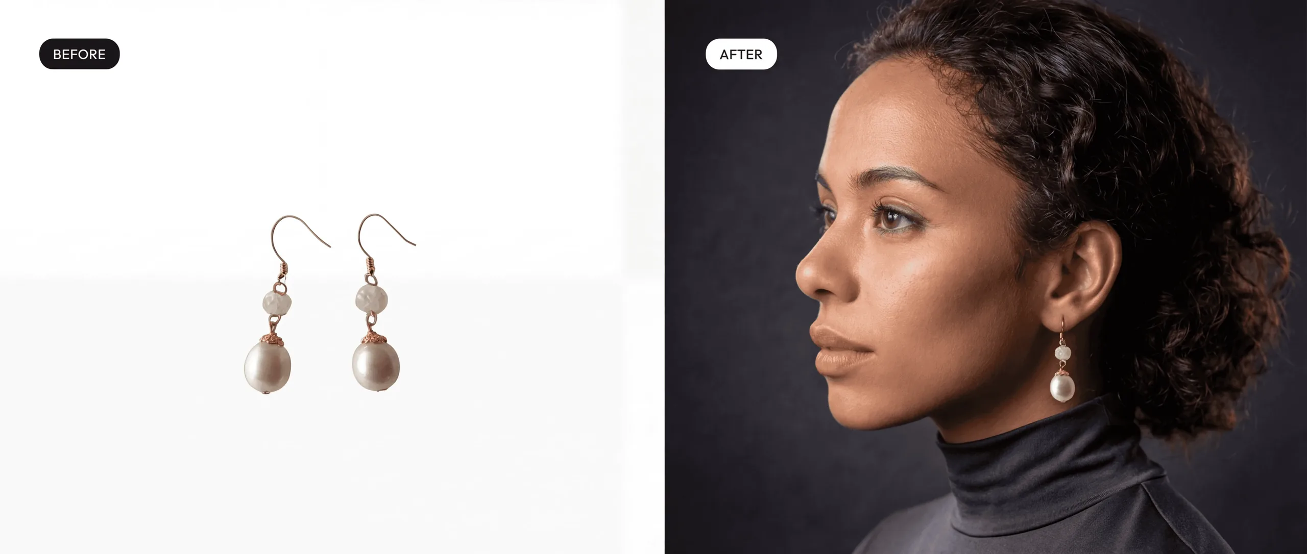 earrings product photo with a mixed race model wearing a black turtle neck in a black studio wearing pearl dangly earrings