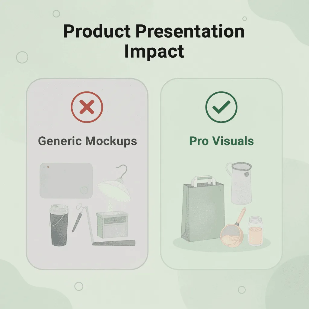 Before and after showing generic mockups versus professional product visuals