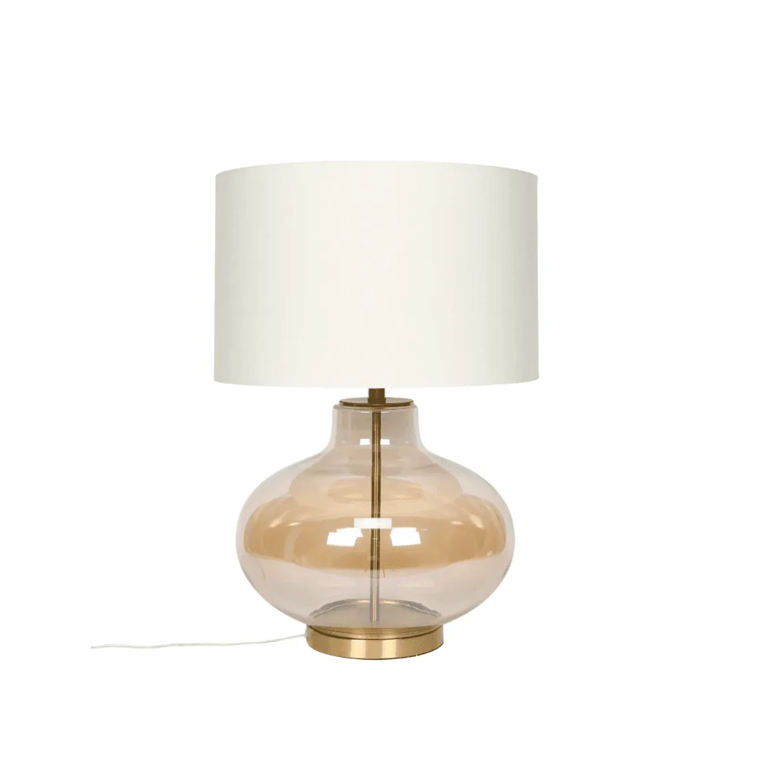 side lamp with a beige and rose gold tone, in a white studio background