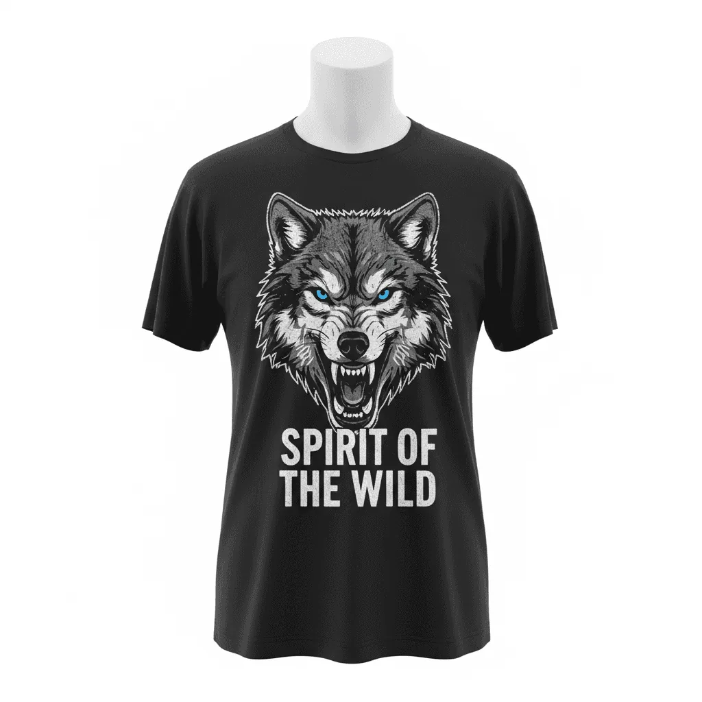 graphic tshirt with a wolf image and text that says spirit of the wild