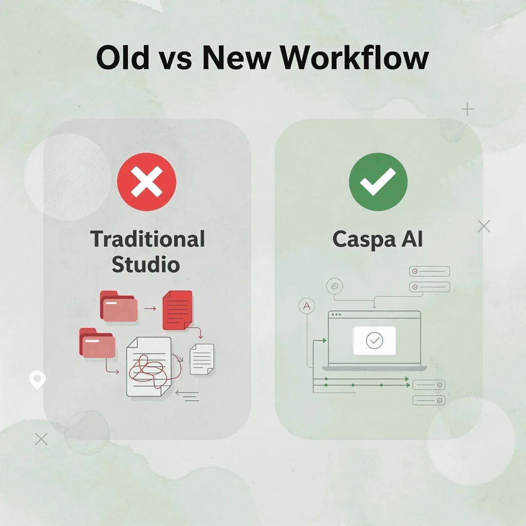 Before and after infographic comparing traditional photography workflow to Caspa AI