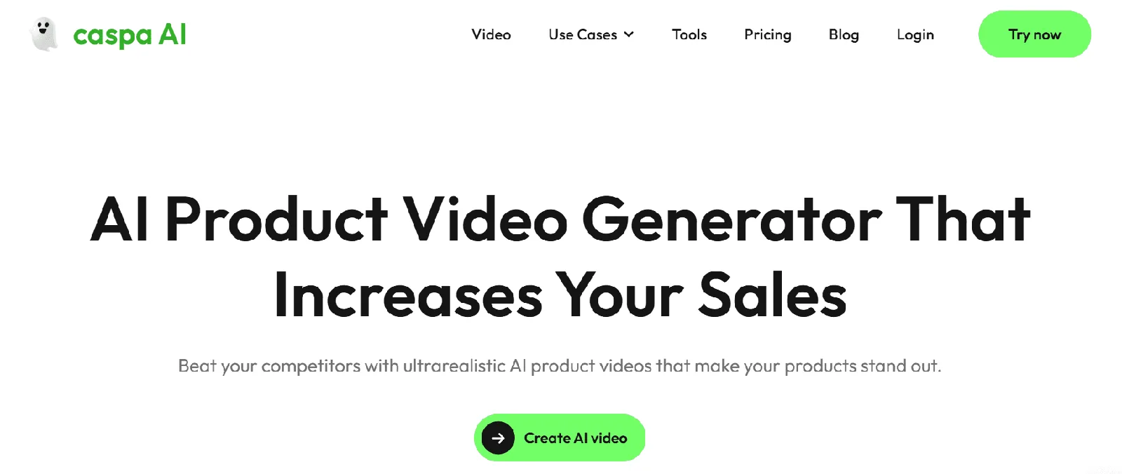Screenshot of the Caspa AI homepage, an AI product photography and video generator for ecommerce brands