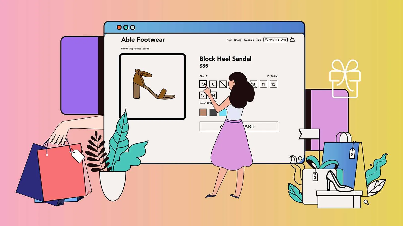 Illustration of a shopper browsing a footwear ecommerce store with a product page, cart and shopping bags