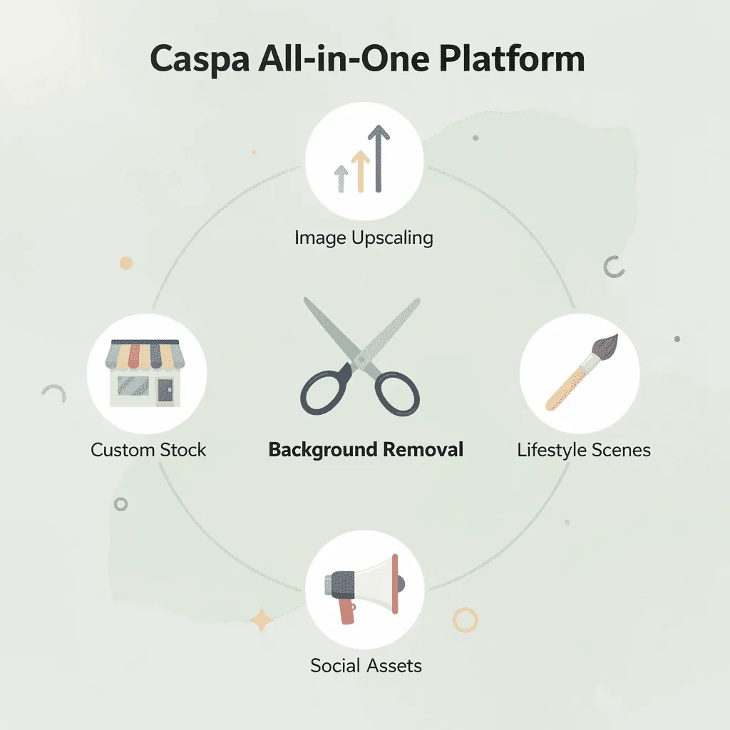 Hub and spoke infographic showing Caspa as a central platform connecting five content creation capabilities