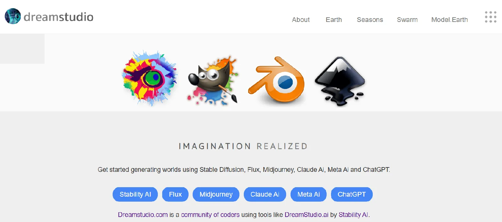 Screenshot of the DreamStudio homepage