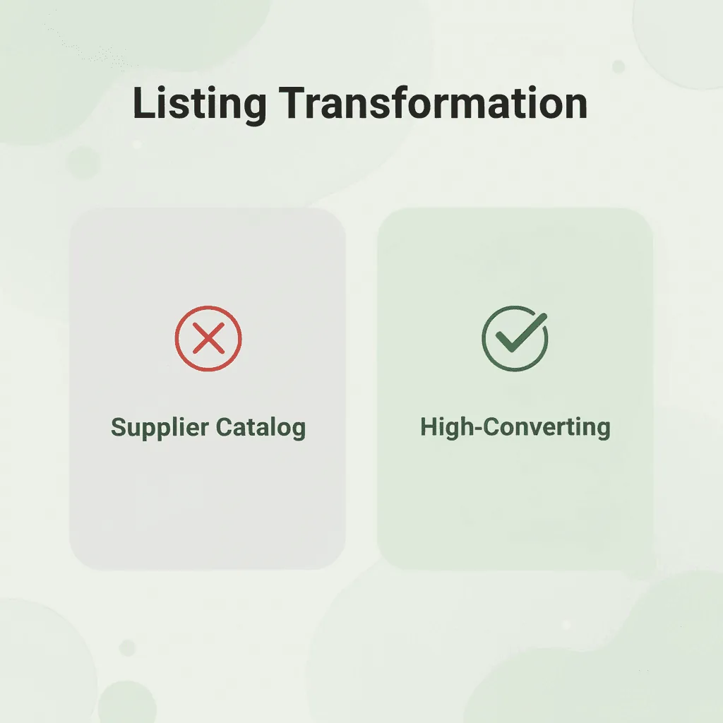 Before and after comparison of supplier catalog images versus high-converting listing assets