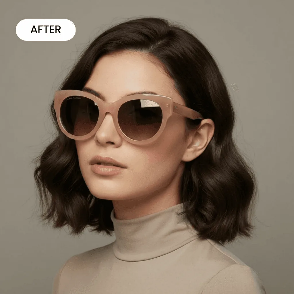 brunette woman with short hair wearing brown glasses in a professional studio facing the side